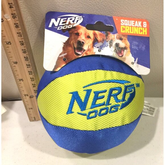 Nerf Dog Squeaker Crunch Canvas Striped 4 1/2" Ball Dog Toy Yellow Blue - Picture 3 of 3